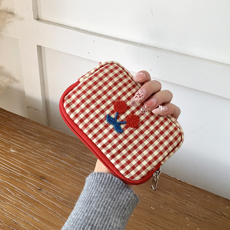 Cute Cherry Embroidery Plaid Print Makeup Bag MK2BW6S10BOB55