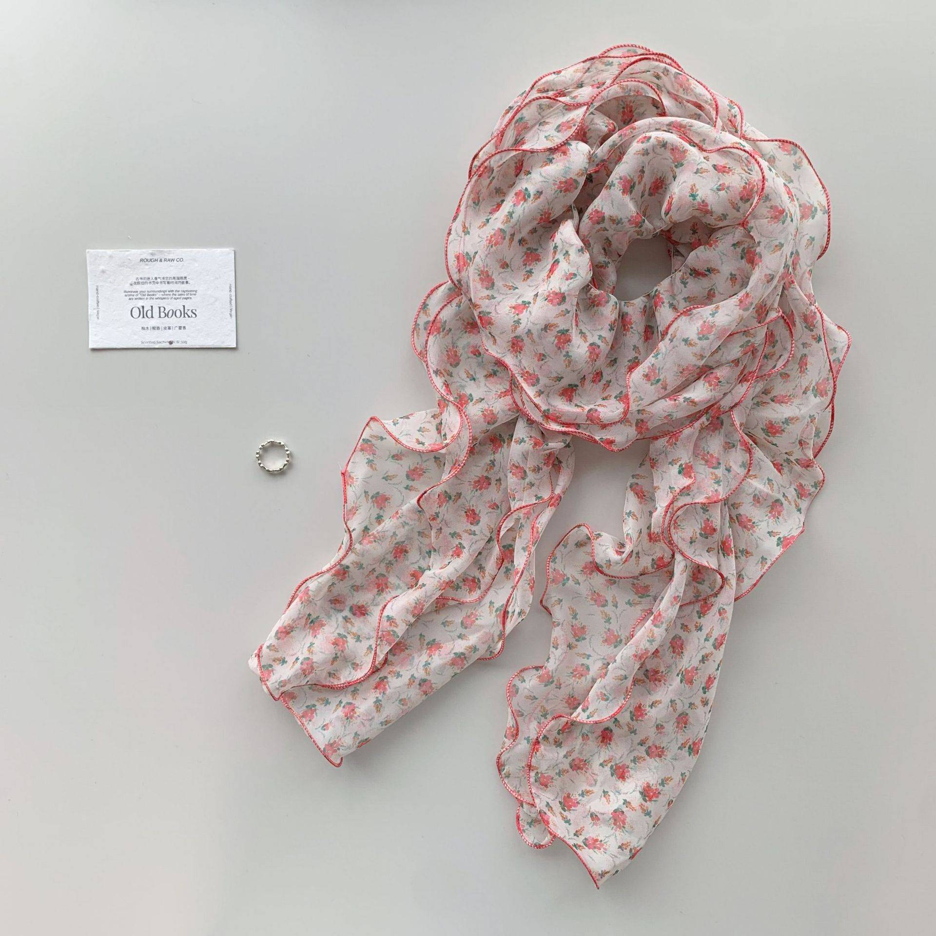 Sweet Floral Print Ruffled Silk Scarf 6W6NSI186