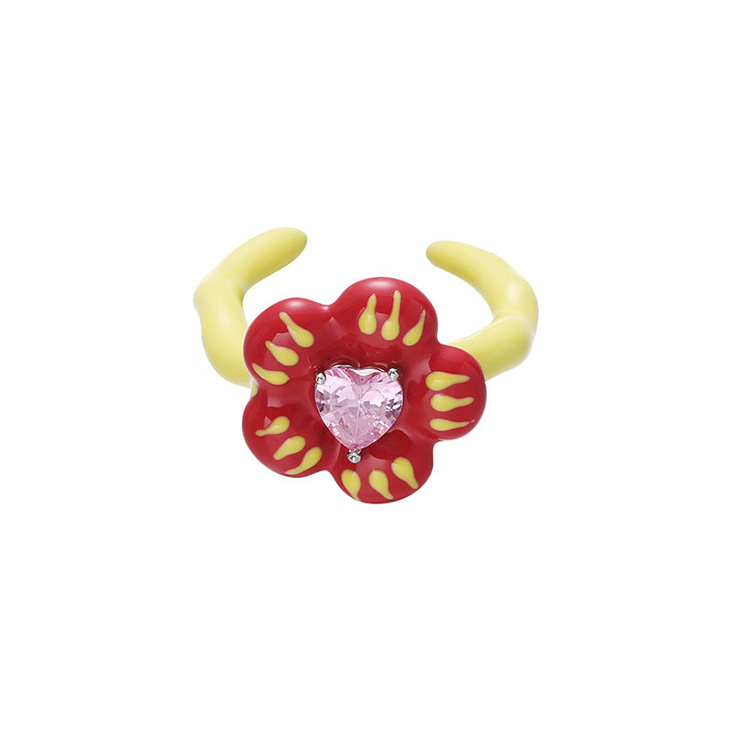 Sweet 3D Floral Heart Zircon Open Ring 6W6JRG250