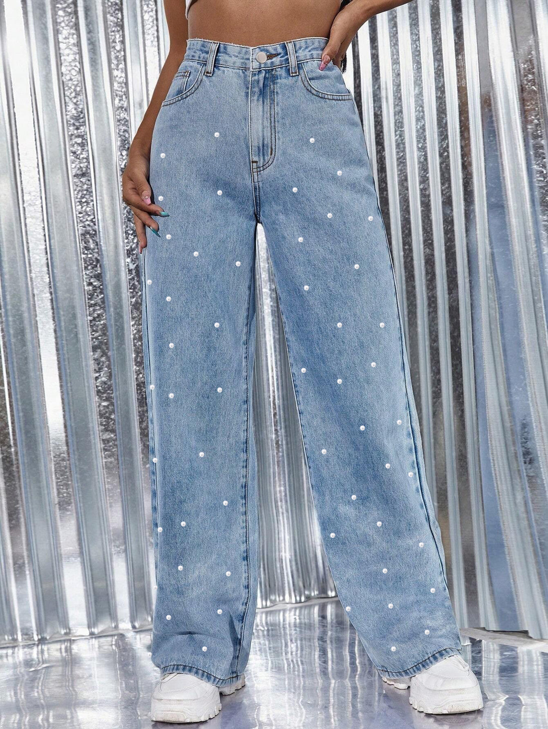 Casual Pearl High Waist Baggy Denim Pants DP25G906