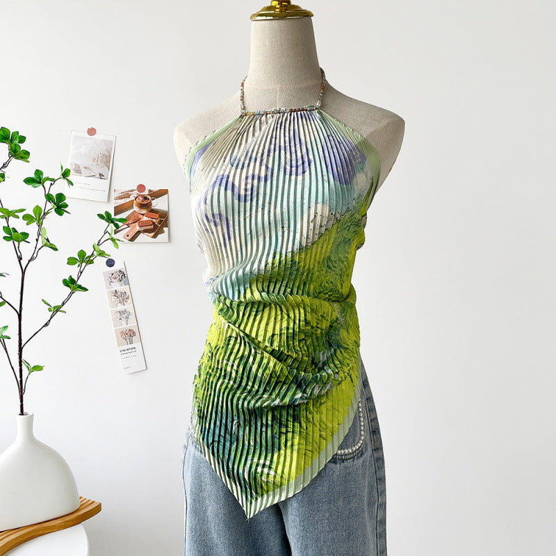 Painting Pleated Beads Scarf Halter Camisole MK2BW6W6NSI23