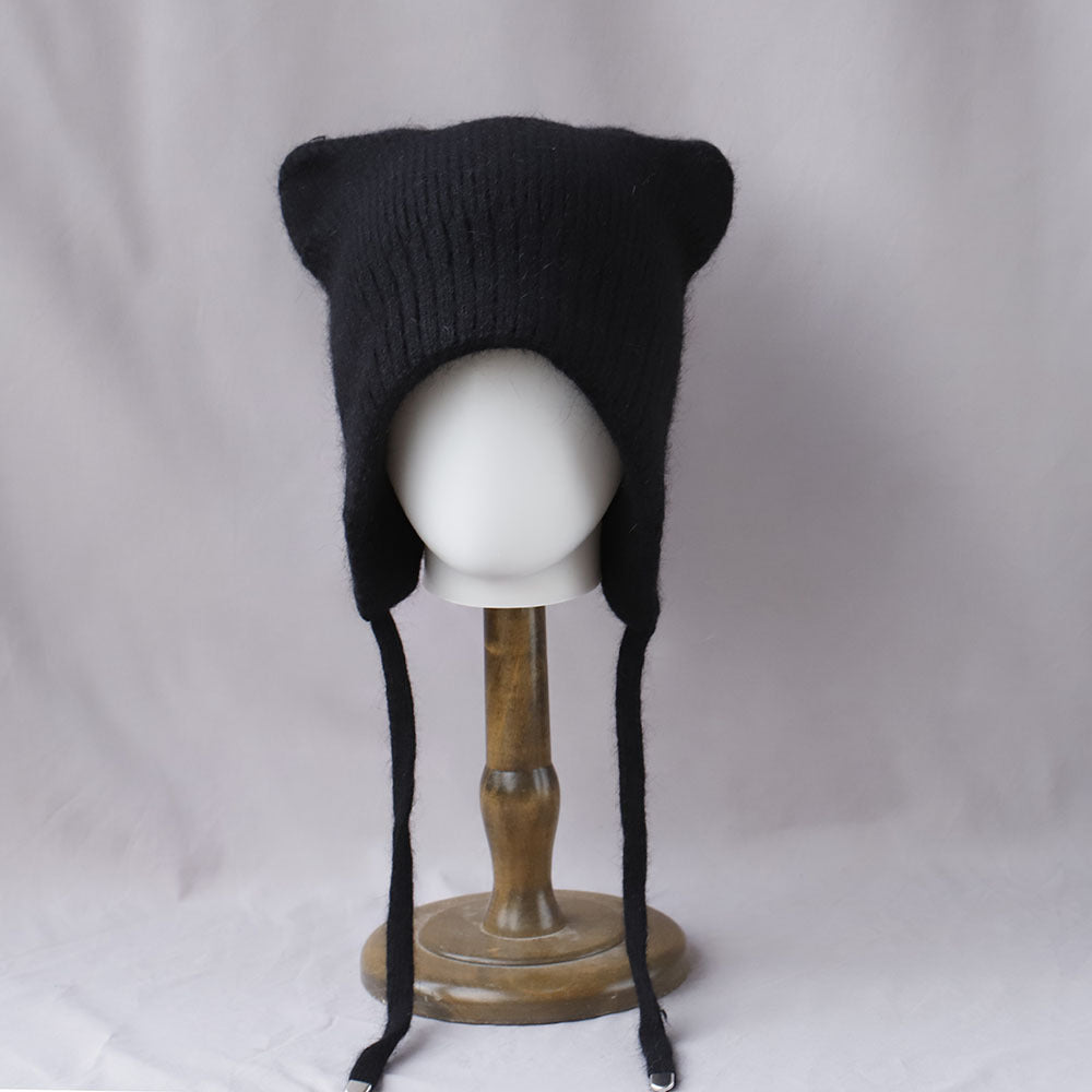 Soft Fuzzy Earflap Knit Beanie with Ties 6W6HAT693