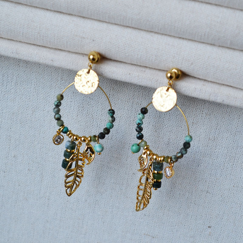 Turquoise Hoop Tassel Leaf Drop Stud Earrings DP25E588