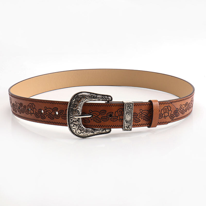 Vintage Embossed Flower Buckle Leather Belt MK2LEEP6W6JBT40