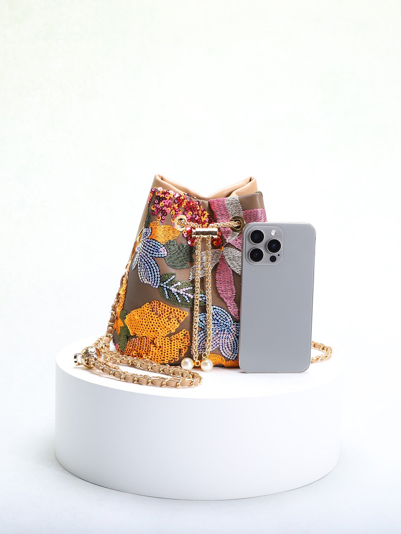 Flower Embroidery Sequin Bucket Bag - DippedShop Wholesale - #4403