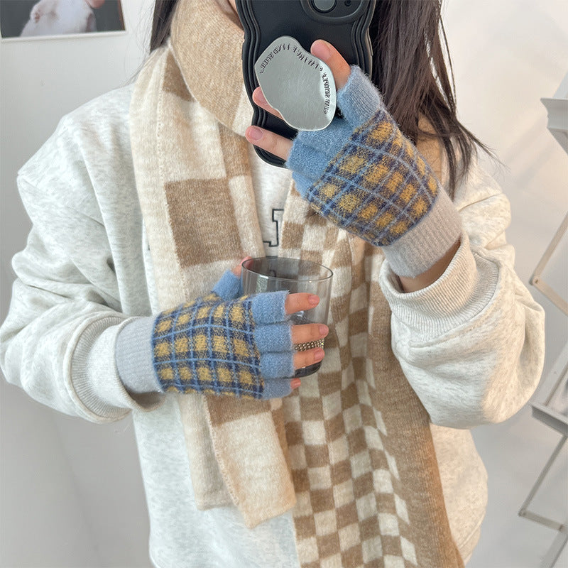 Plaid Knit Fingerless Gloves - DippedShop Wholesale - #9971