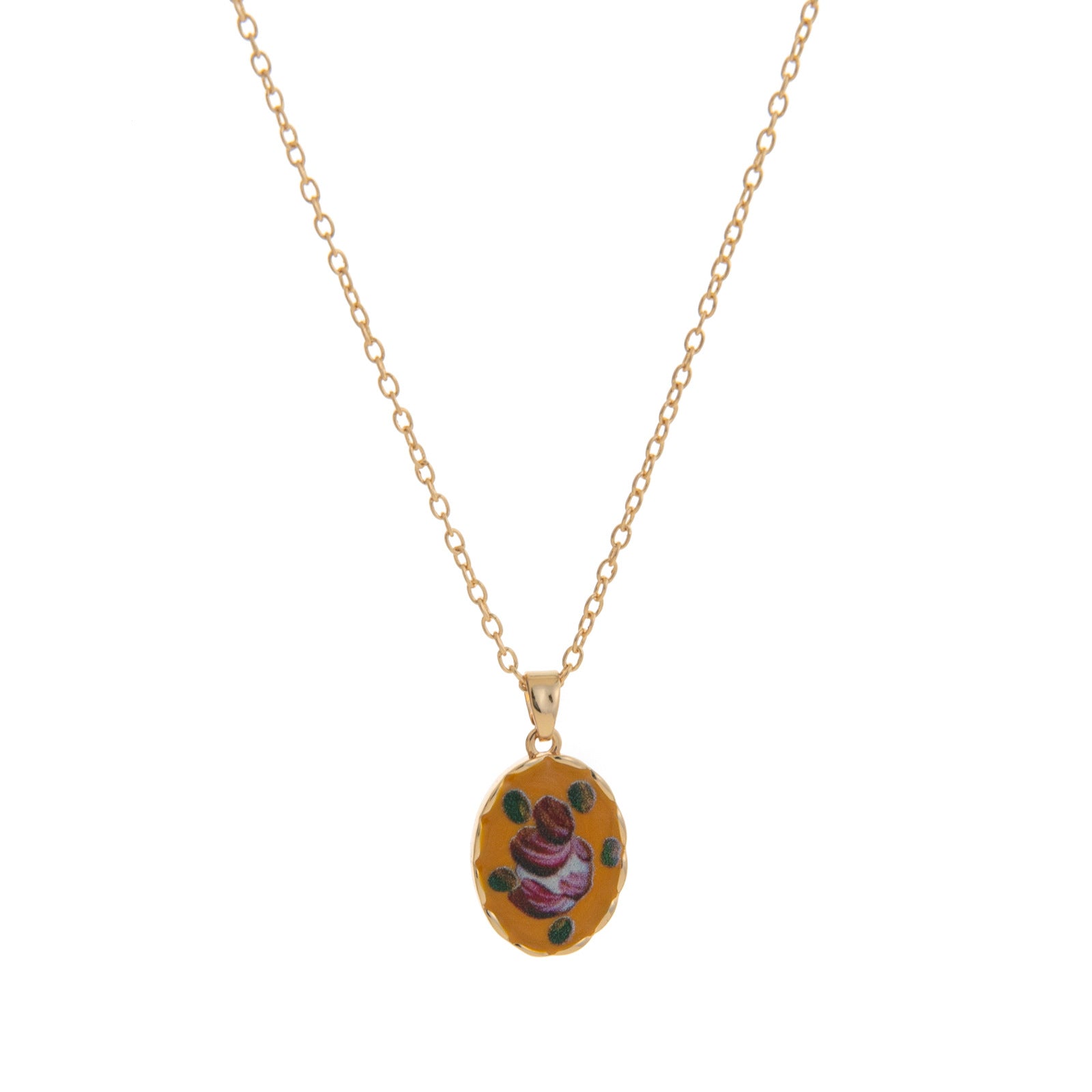 Retro Floral Print Oval Pendant Chain Necklace 6W6JNC412L