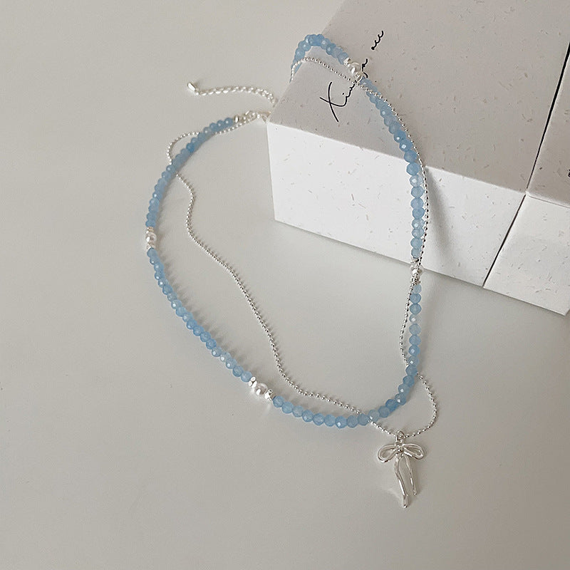 Fresh Blue Crystal Bowknot Beaded Necklace 6W6JNC434