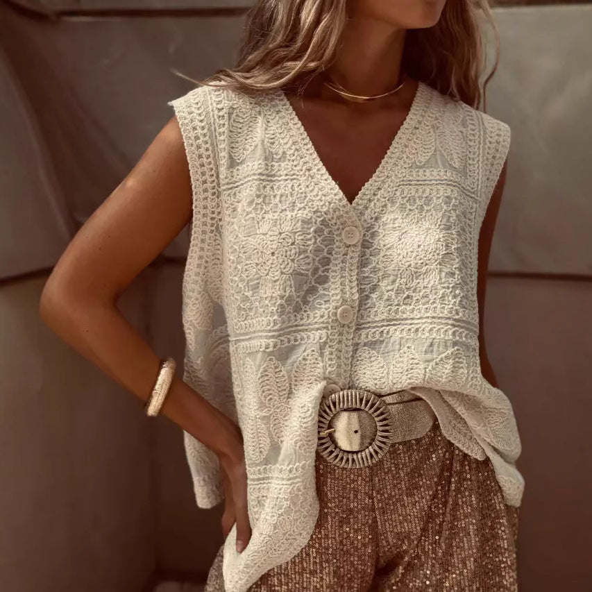 Elegant V-Neck Embroidered Vest Top DP25D915