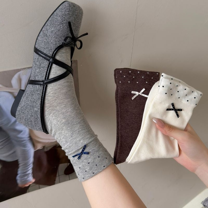 Simple Polka Dots Bow Knot Crew Socks 6W8FSO739
