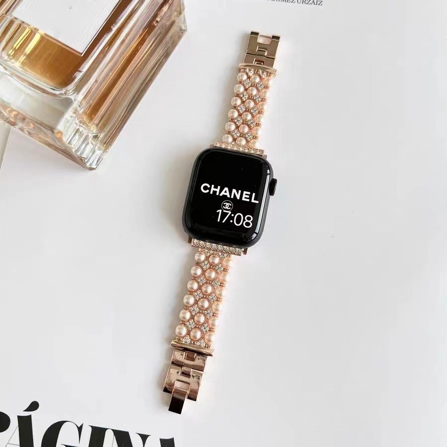 Luxury Metal Chain Pearl Rhinestones Watch Band 6W6JWA92
