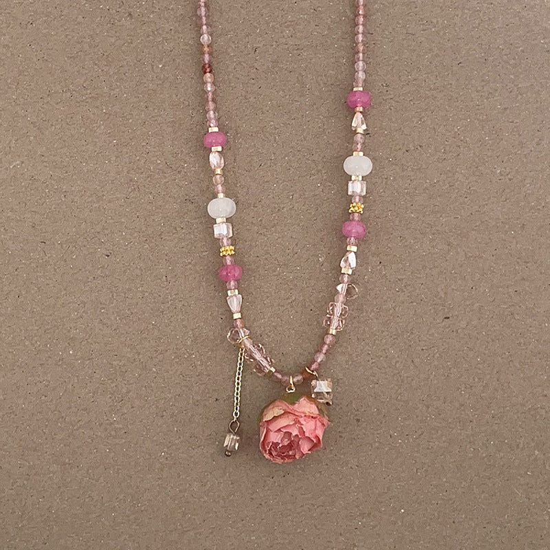 Vintage Pink Rose Flower Pearl Choker Necklace 6W6JNC385L