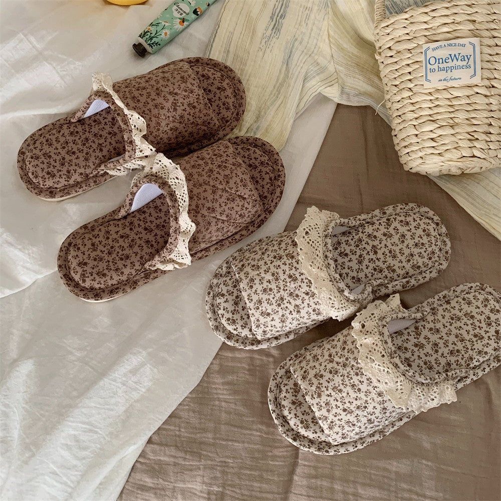 Vintage Floral Print Lace Trim Slippers DP25F901