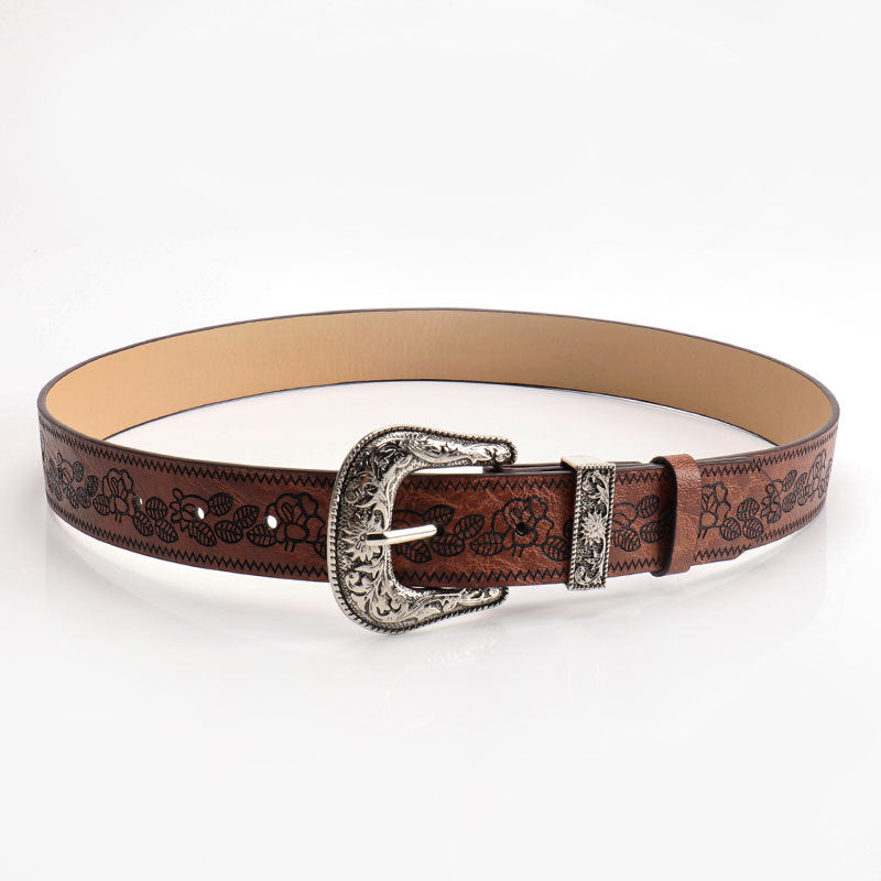 Vintage Embossed Flower Buckle Leather Belt MK2LEEP6W6JBT40