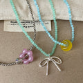 Cute Bowknot Flower Pendant Beaded Choker Necklace 6W6JNC448