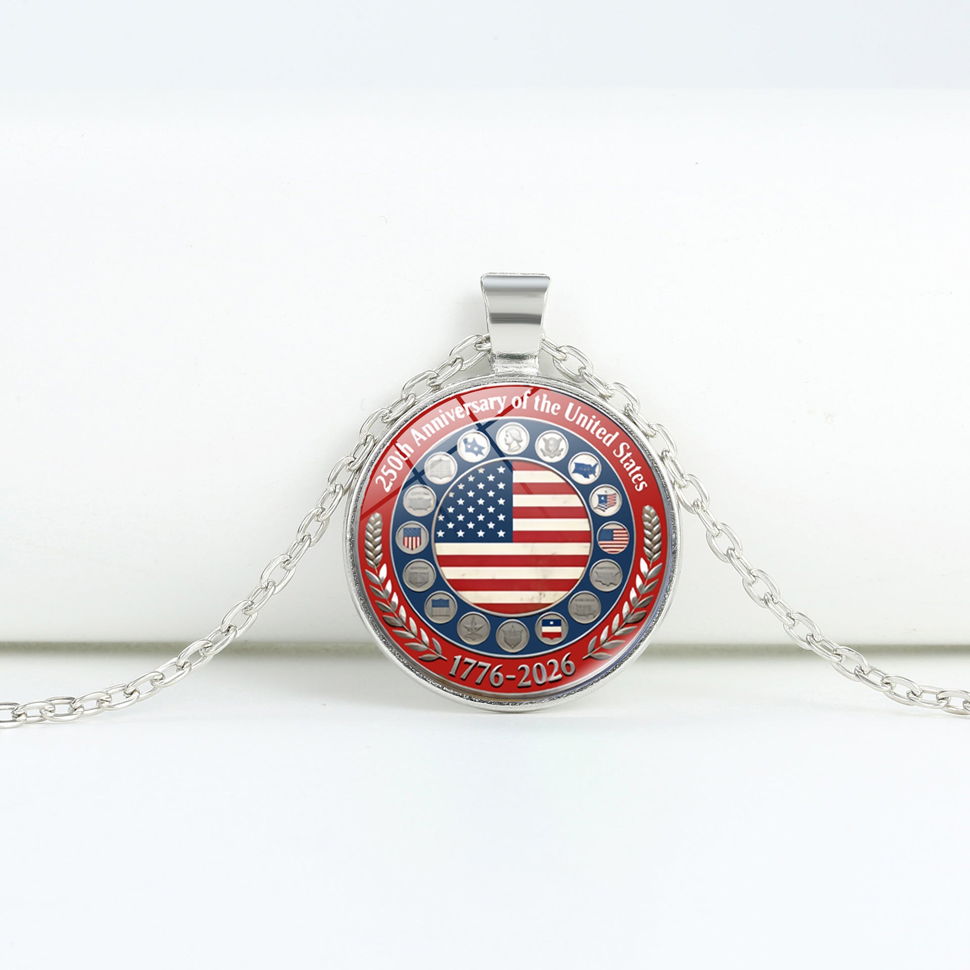 Retro USA Flag Pattern Round Pendant Chain Necklace 8ZA6JNC278T