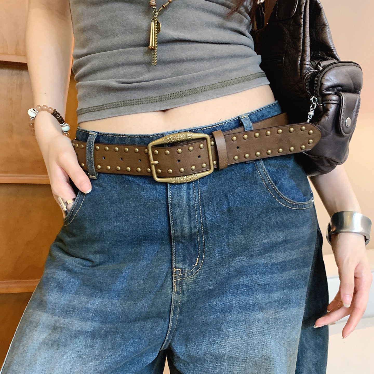 Chunky Western Studded Cowgirl Leather Belt 6W6JBT135
