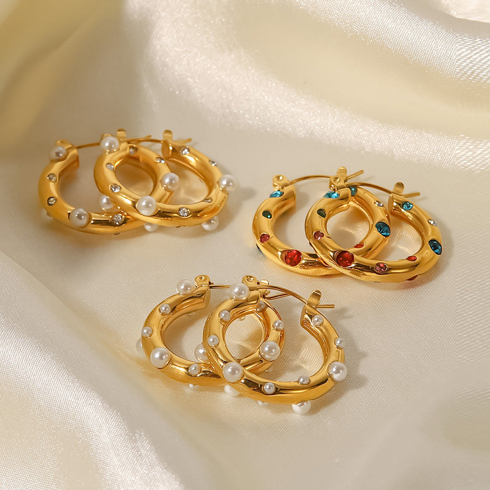 Rhinestone Pearl Hoop Earrings - DippedShop Wholesale - #2147