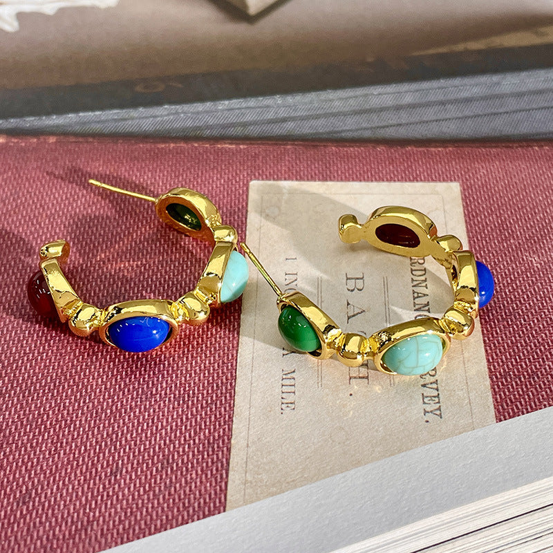 Turquoise Geometric Colorful Oval Hoop Earrings DP25E723