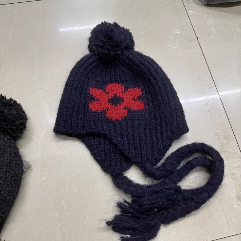 Cute Flower Braided Tassel Knit Beanie Hat 6W6HAT717