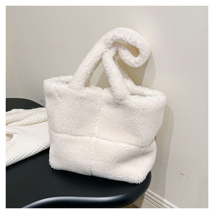 Solid Color Faux Shearling Shoulder Tote Bag 6W10BBG1882