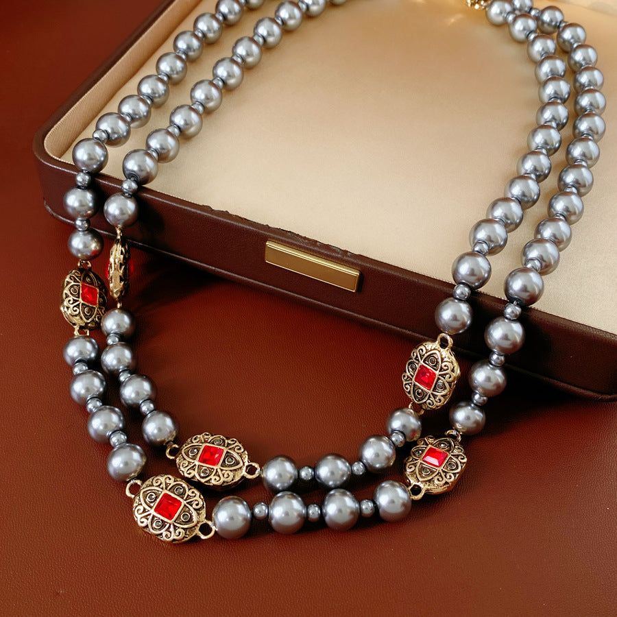 Vintage Double Layer Rhinestone Geometry Pearl Necklace 6W6JNC951