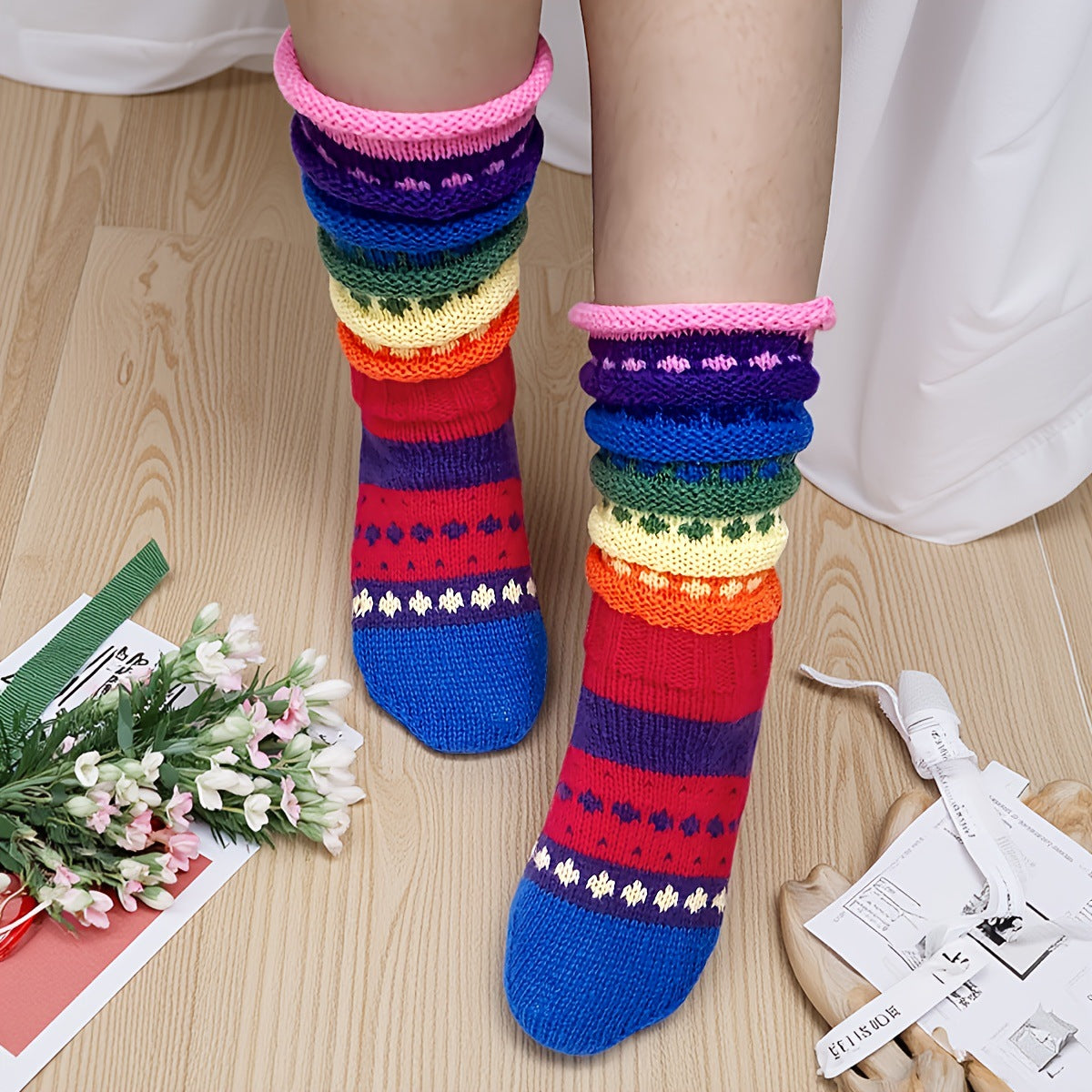 Chunky Knit Striped Mid-Calf Socks - DippedShop Wholesale - #9427
