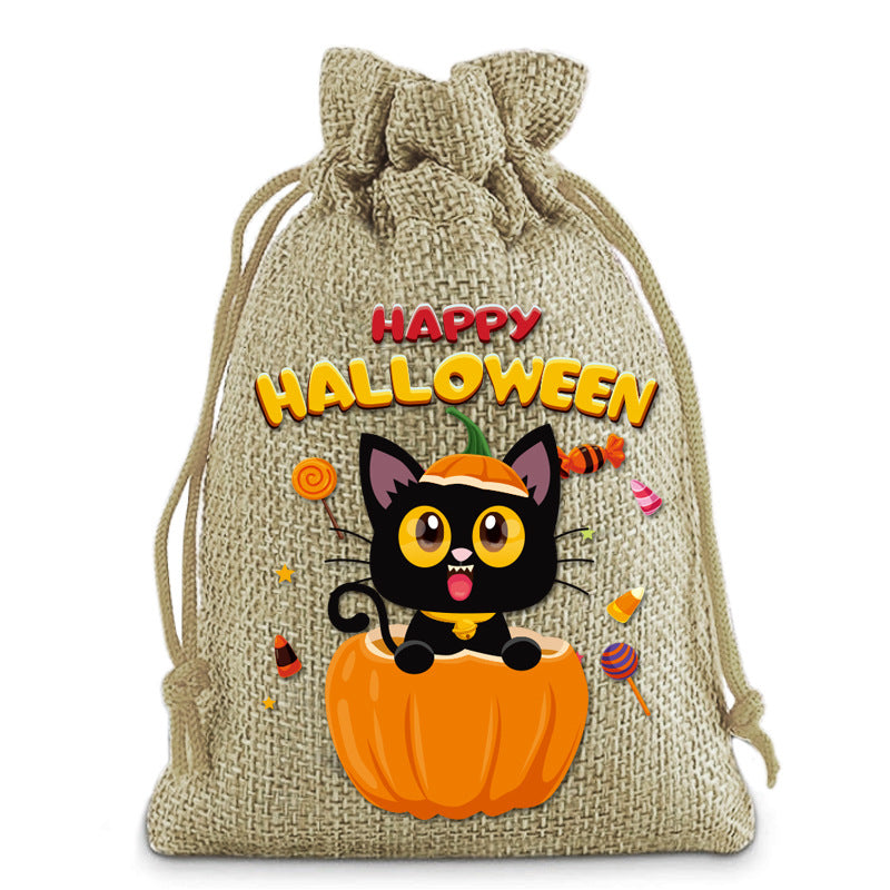 Halloween Cartoon Printed Burlap Drawstring Bags 6W10BBG1751