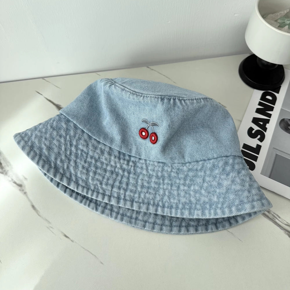 Cute Bowknot Cherry Embroidery Denim Bucket Hat MK2BW6W6HAT70