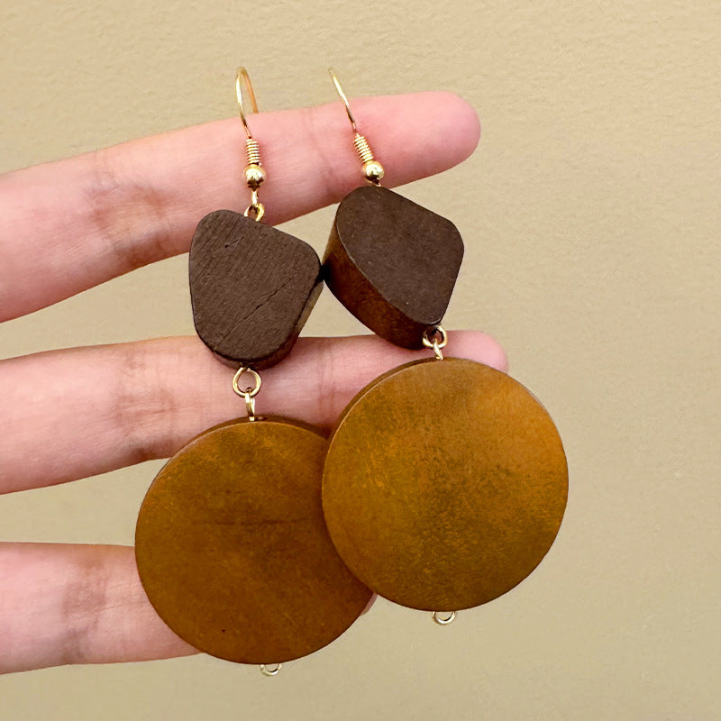 Vintage Wood Disc Pendant Dangle Earrings 6W6JER556