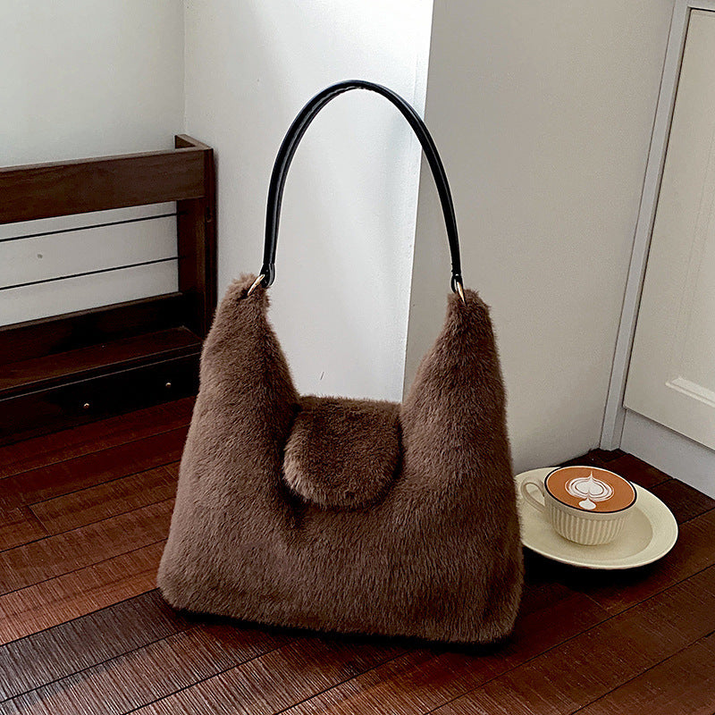 Minimalist Solid Color Large Capacity Plush Shoulder Bag 6W10BBG1927