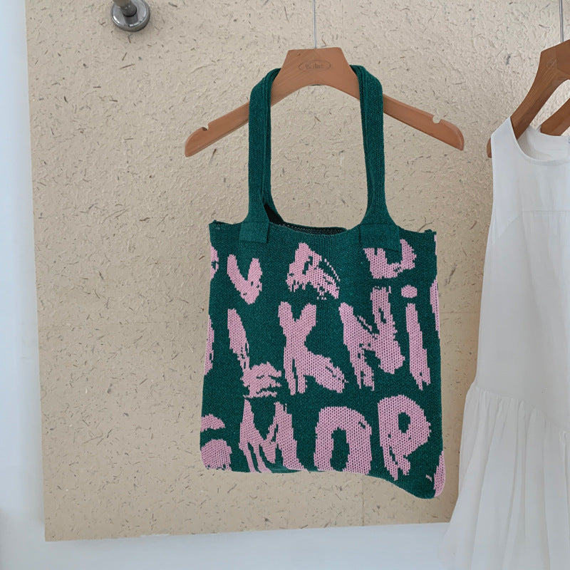 Trendy Letter Graphic Knit Shoulder Tote Bag 6W10BBG1790