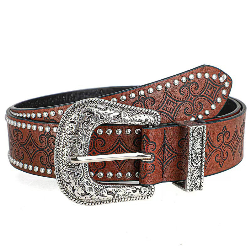 Fashion Floral Embossed Studded Leather Belt MK2LEEP6W6JBT37