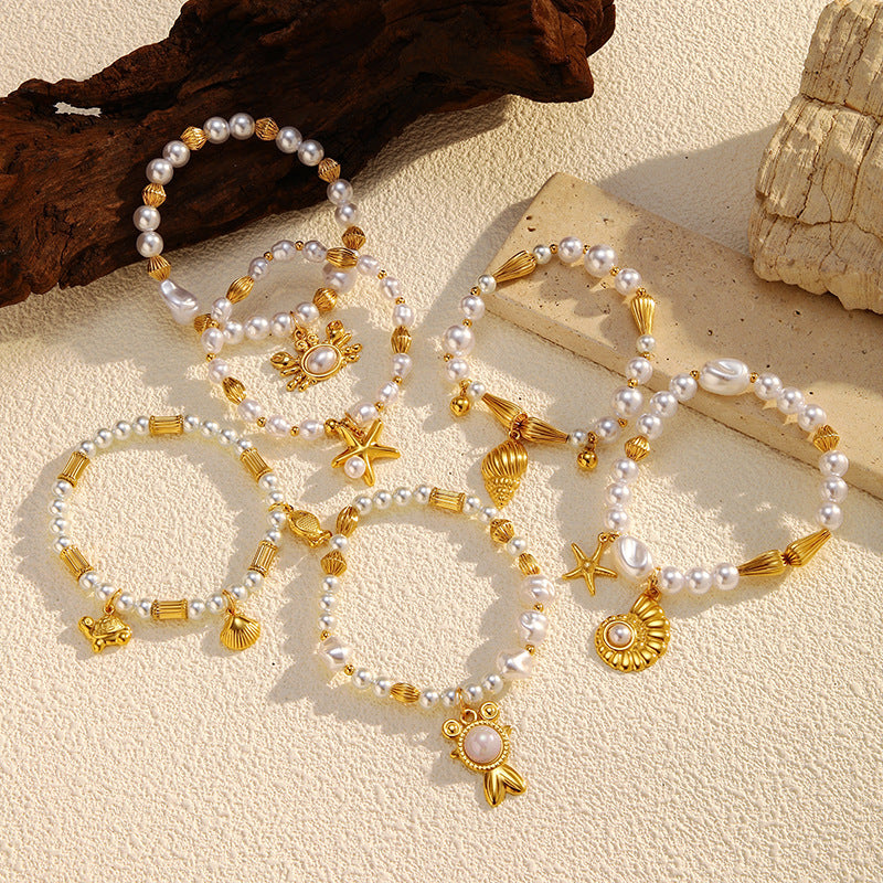 Elegant Pearl Shell Charm Beaded Chain Bracelet 6W6JBR523