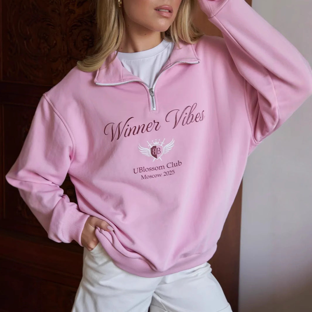 Letter Print Lapel Collar Half Zip Sweatshirt DP25E511