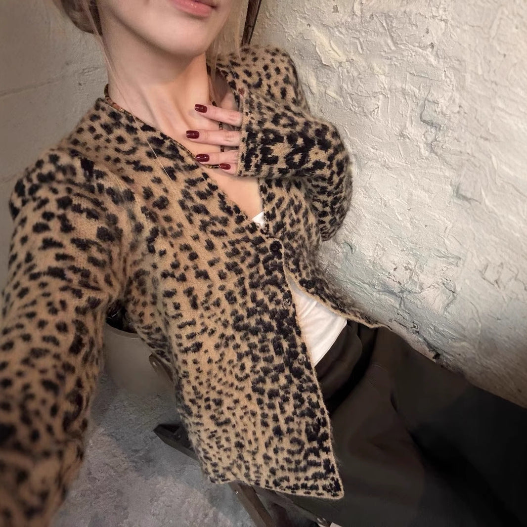 Vintage Leopard Print V-Neck Long Sleeve Sweater DP25F714