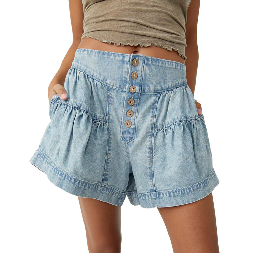 Ruffle Button Denim Shorts - DippedShop Wholesale - #4115