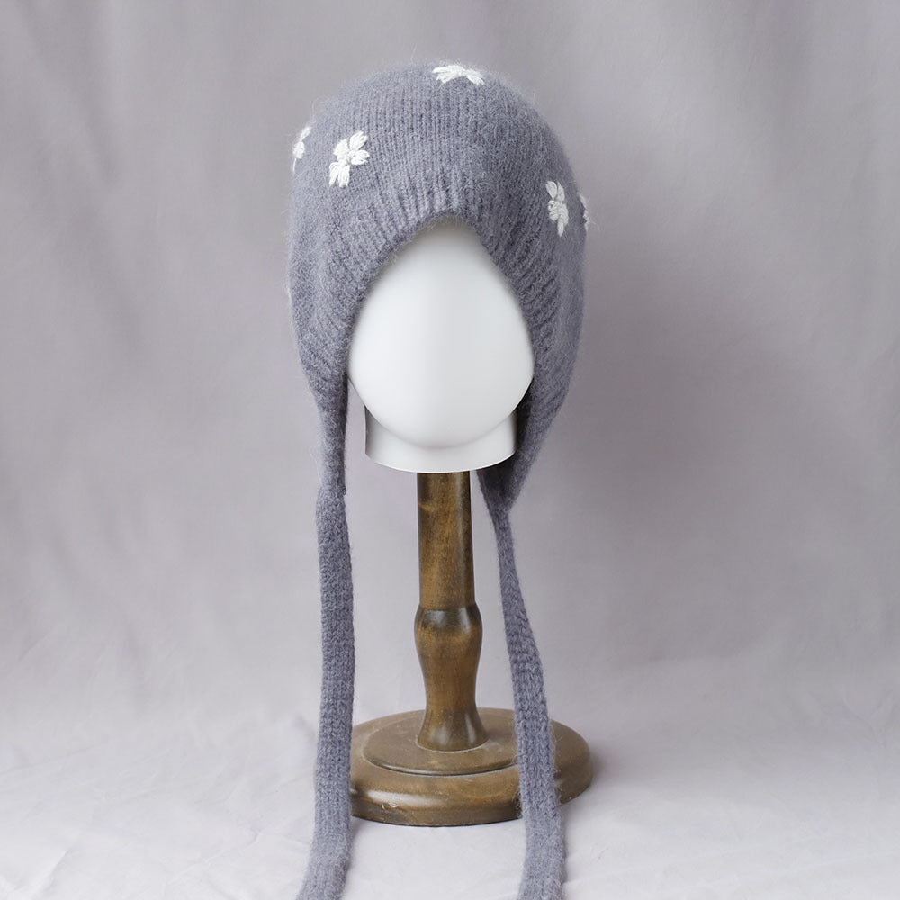 Floral Jacquard Angora Knit Bonnet With Ties 6W6HAT699
