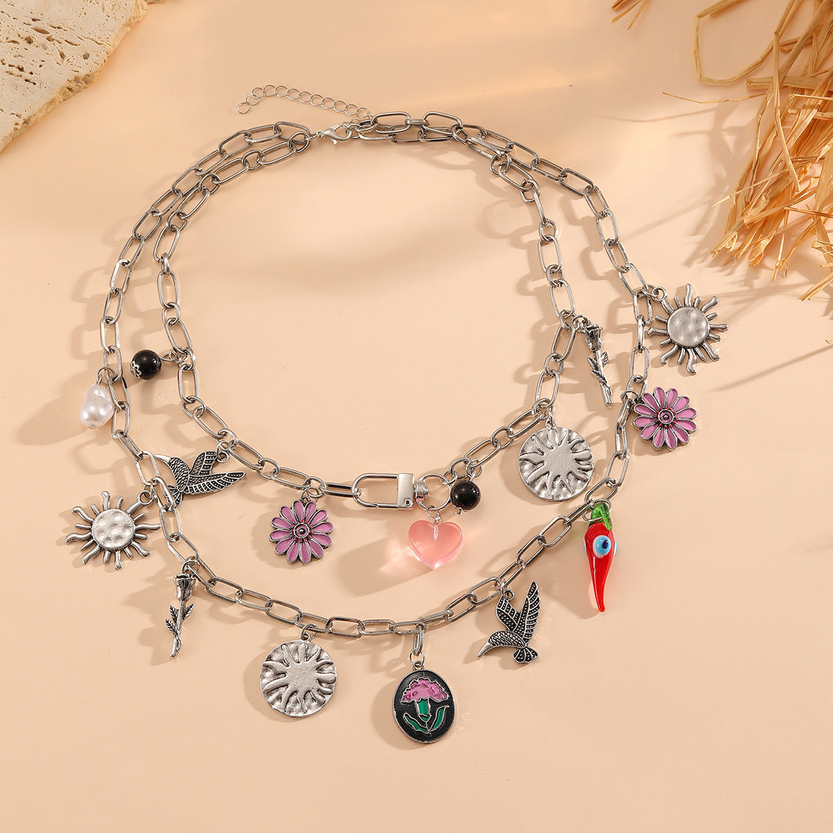 Trendy Double Layer Floral Heart Pendant Necklace 6W6JNC626