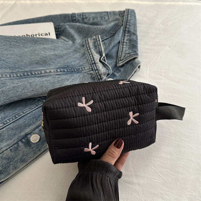 Cute Bow Embroidery Portable Puffer Cosmetic Bag DP25H546