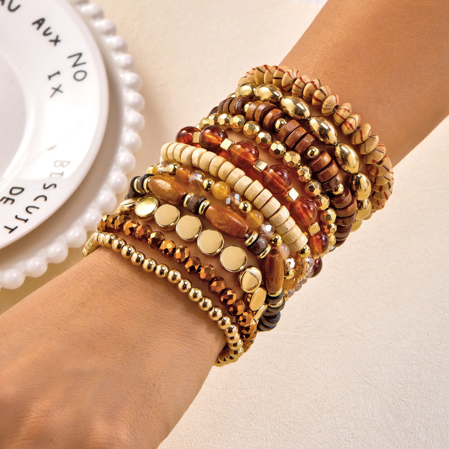 Boho Style Wooden Beaded Layered Elastic Bracelet 6W6JBR504