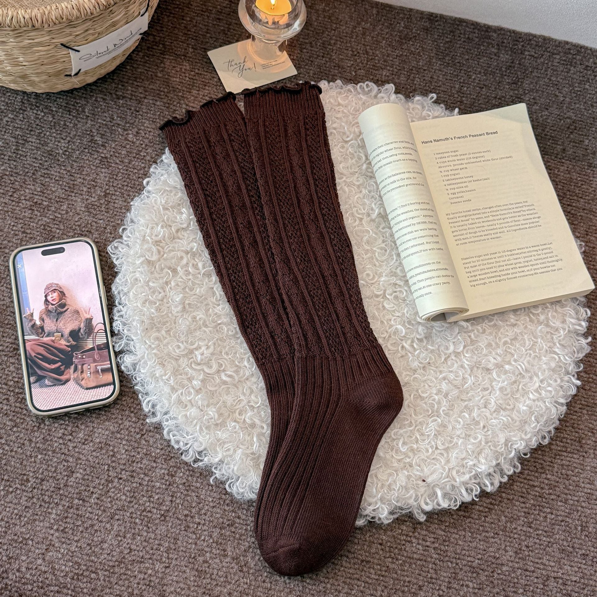 Elegant Diamond Knit Lace-Trim Mid-Calf Socks 6W8FSO694