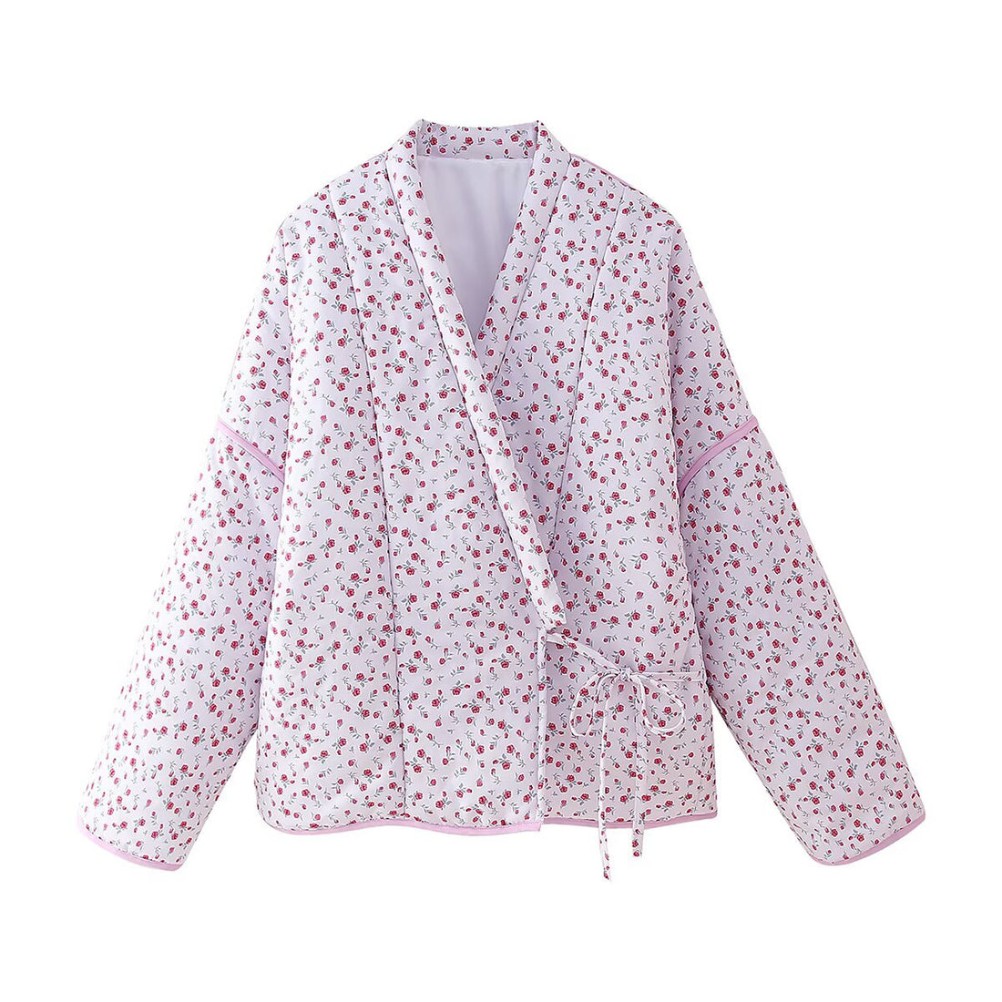 Floral Print Quilted V-Neck Tie Front Puffer Coat DP25G994