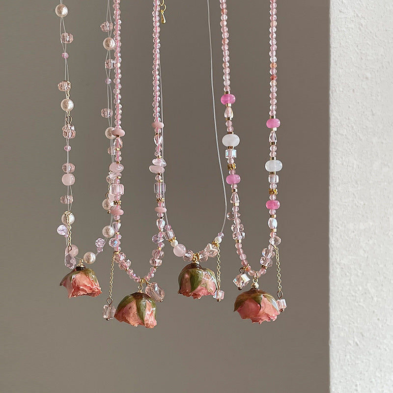 Vintage Pink Rose Flower Pearl Choker Necklace 6W6JNC385L