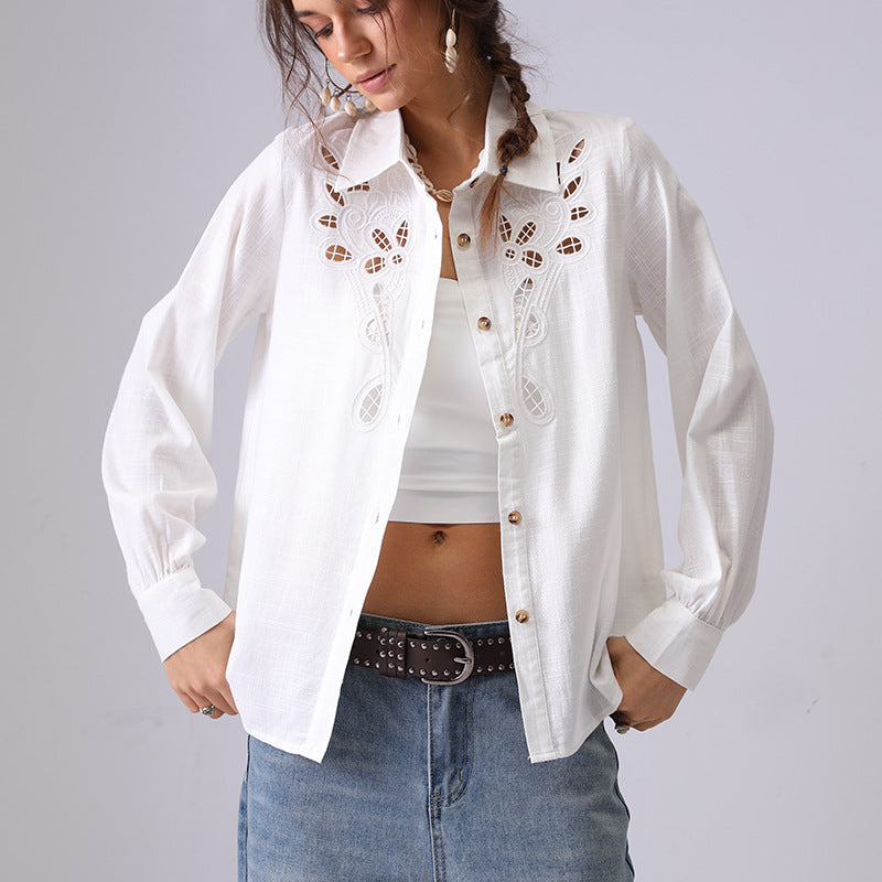 Hollow Embroidered Lapel Button Down Shirt DP25C868
