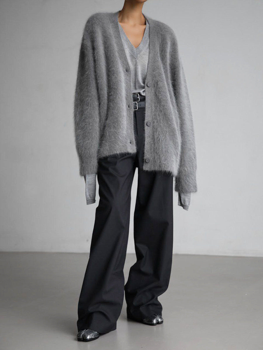 V-Neck Loose Mohair Cardigan - DippedShop Wholesale - #8979