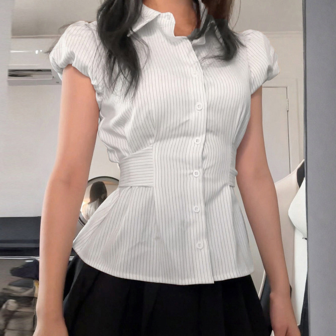 Simple Striped Button Down Tie Waist Shirt DP25F525