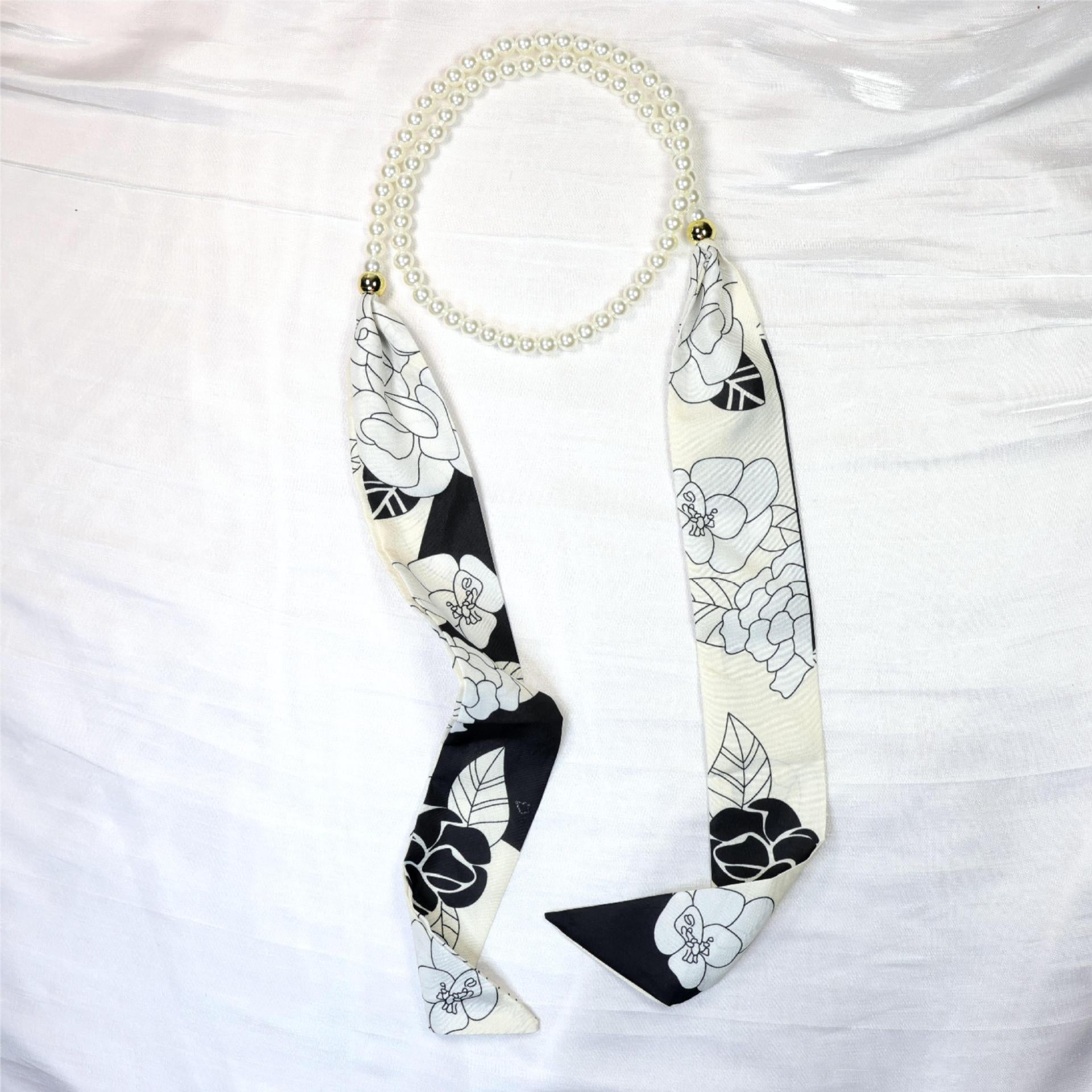 Elegant Floral Print Pearl Scarf Skinny Heanband MK2BW6W6HBD121