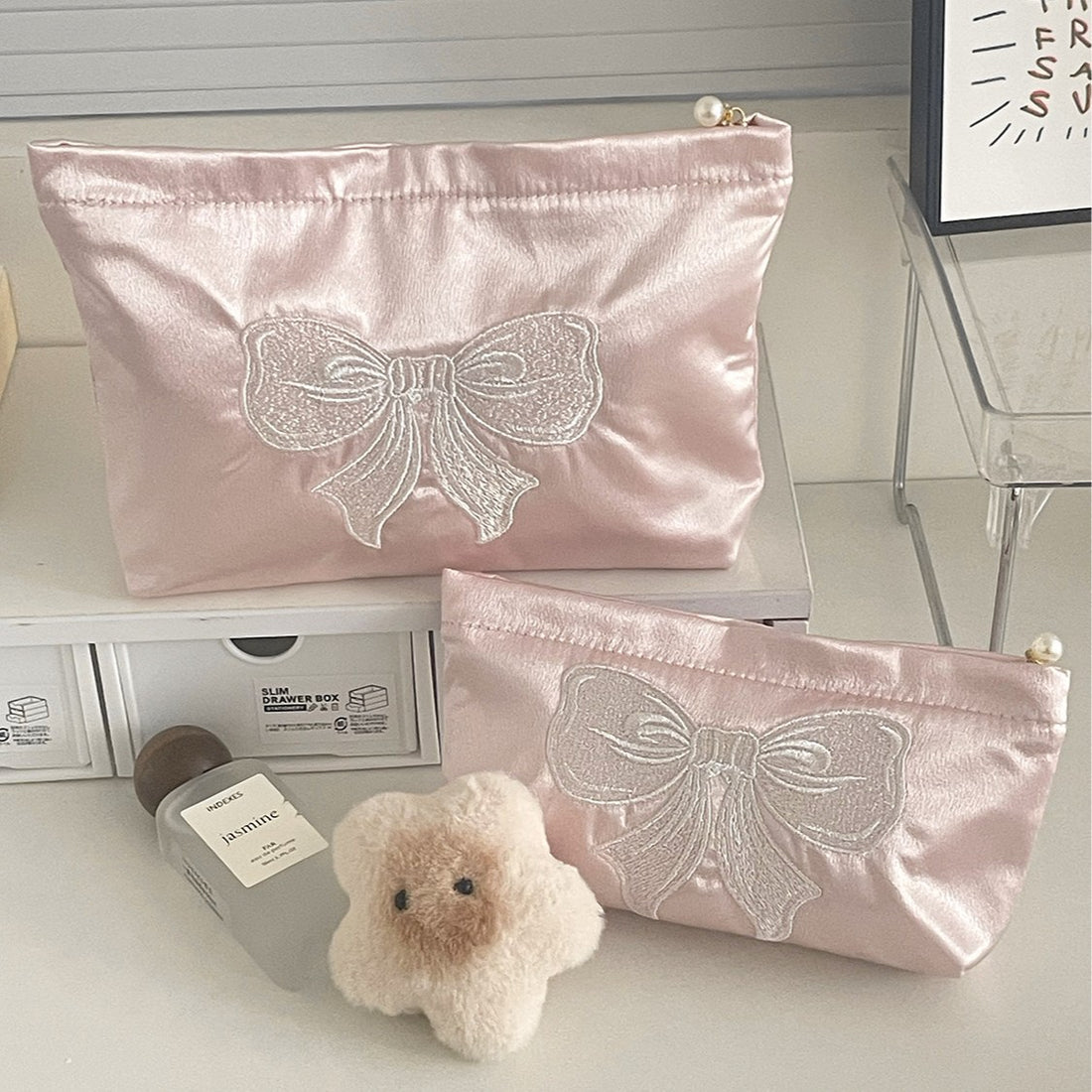 Cute Embroidered Bow Satin Makeup Bag DP25E653