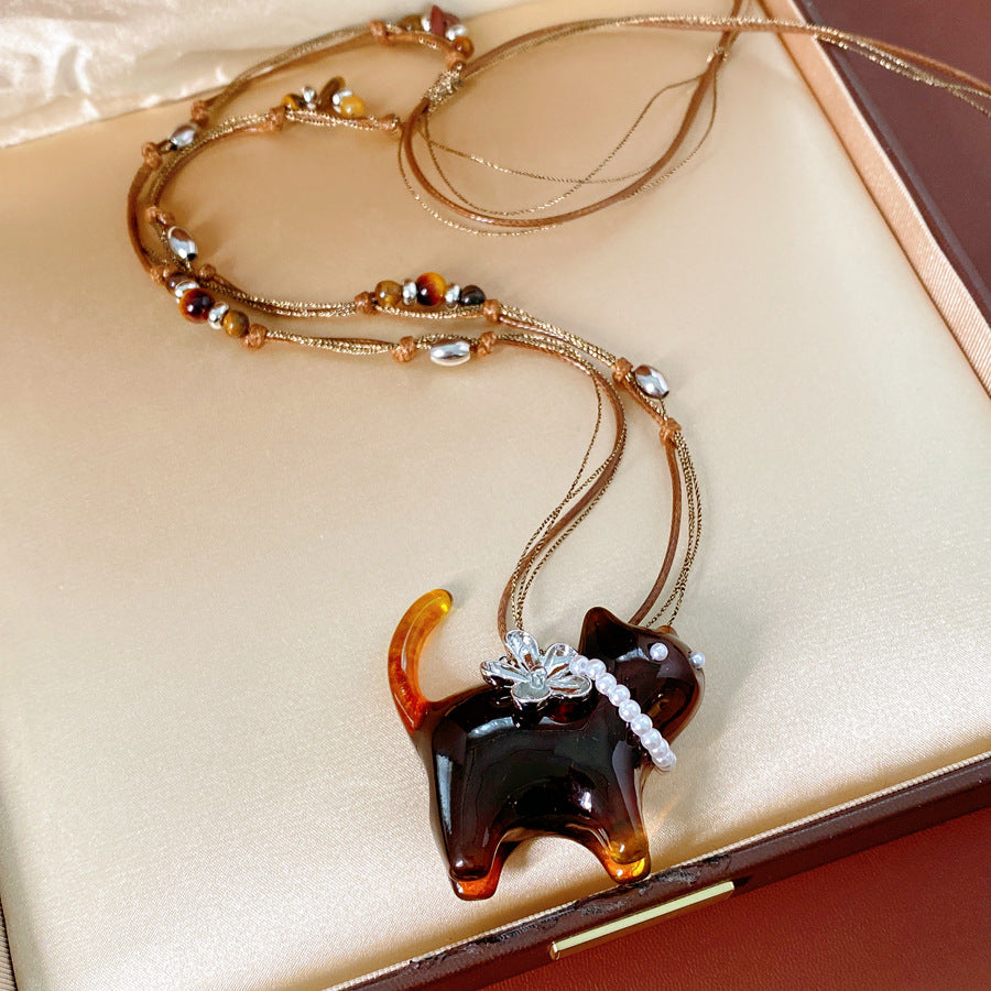 Vintage Kitten Pendant Beads Rope Braided Necklace 6W6JNC910